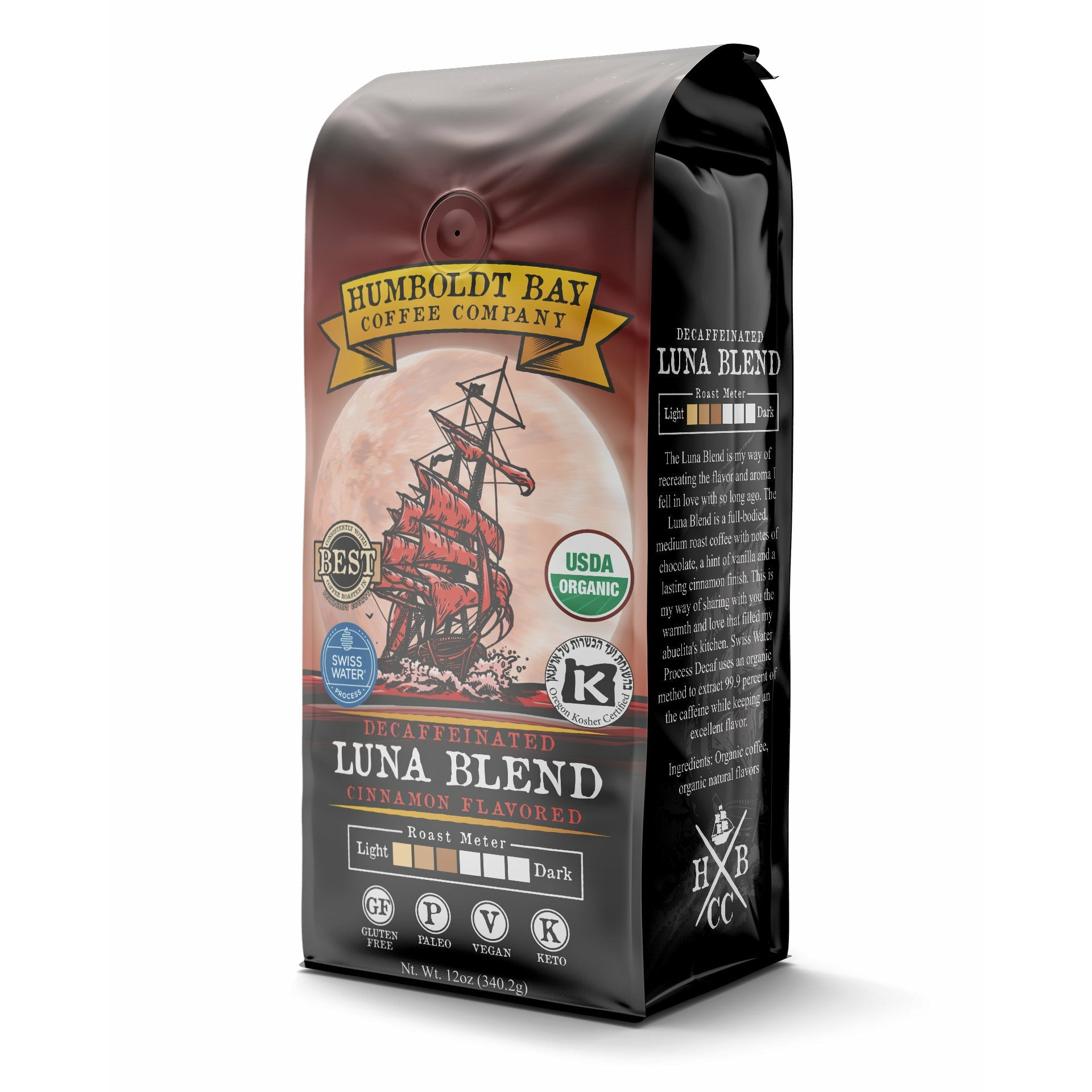 Organic Decaffeinated Luna Blend cafe con canela — published by Humboldt Bay Coffee