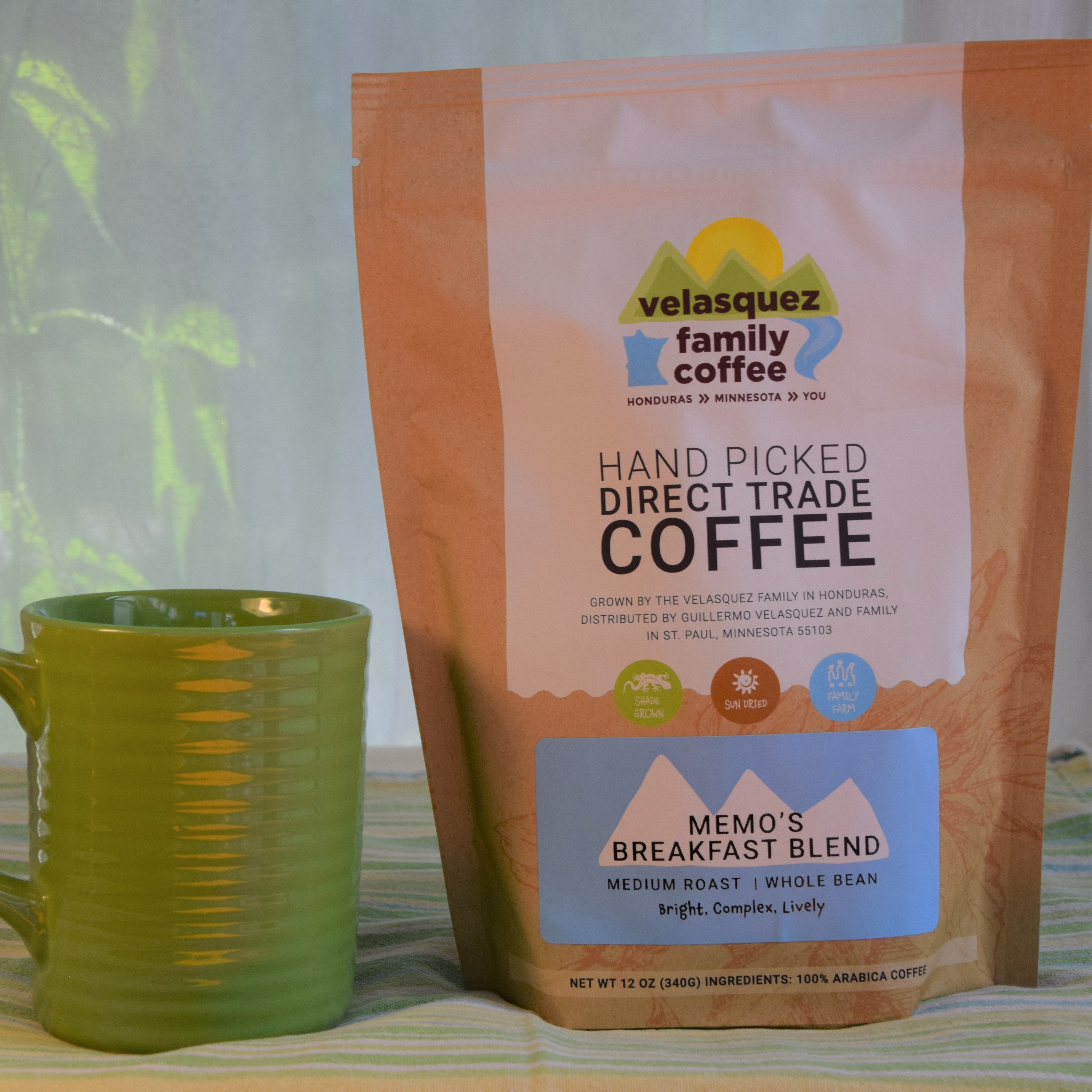 Memo's Breakfast Blend Coffee (blend of light & dark) | Bright, Complex, Lively — published by Velasquez Family Coffee