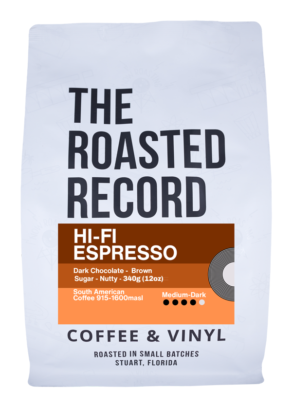 Hi-Fi Espresso | Medium - Dark Roast Specialty Coffee Espresso Blend — published by The Roasted Record Coffee Shop & Roaster - Stuart Florida