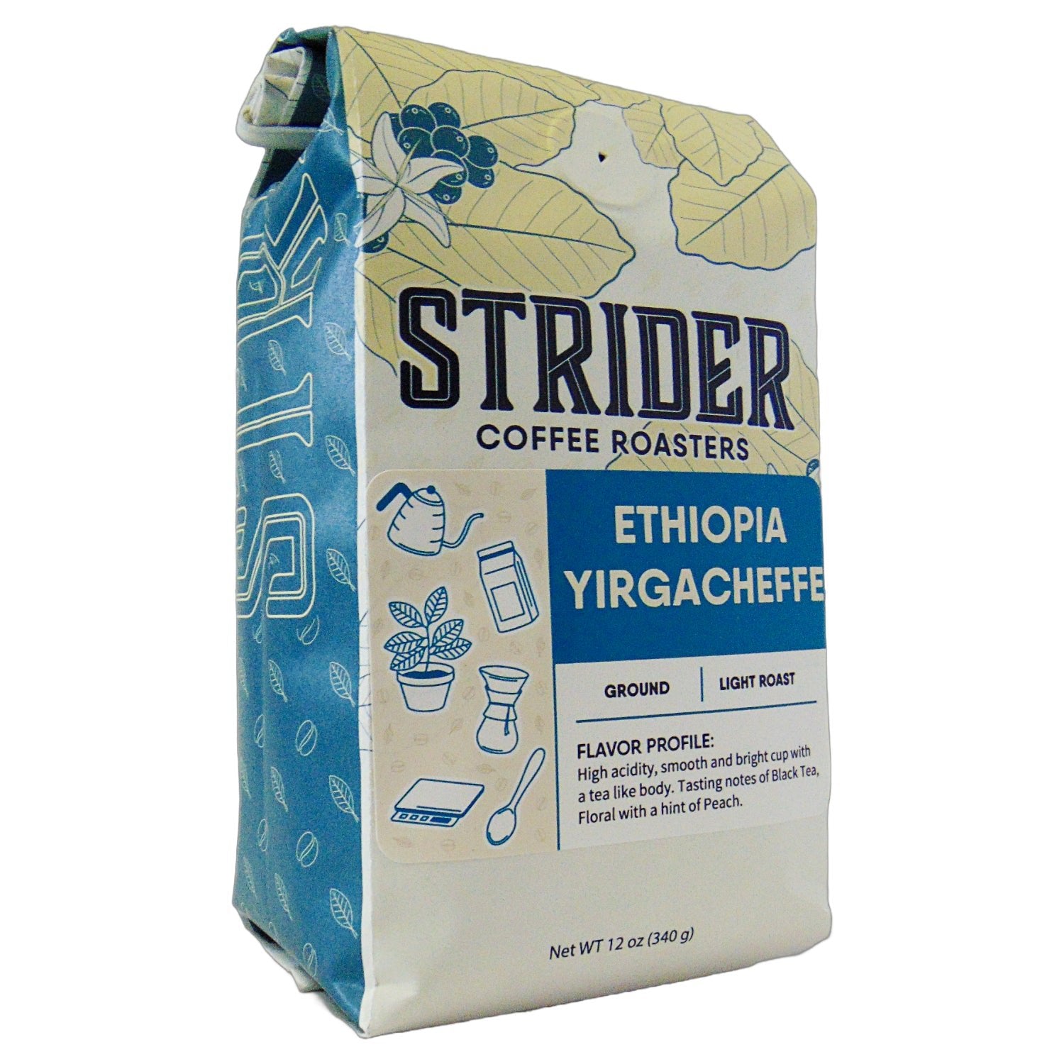 Ethiopia Yirgacheffe Specialty Coffee, Light Roast, 12oz Ground — published by Strider Coffee Roasters